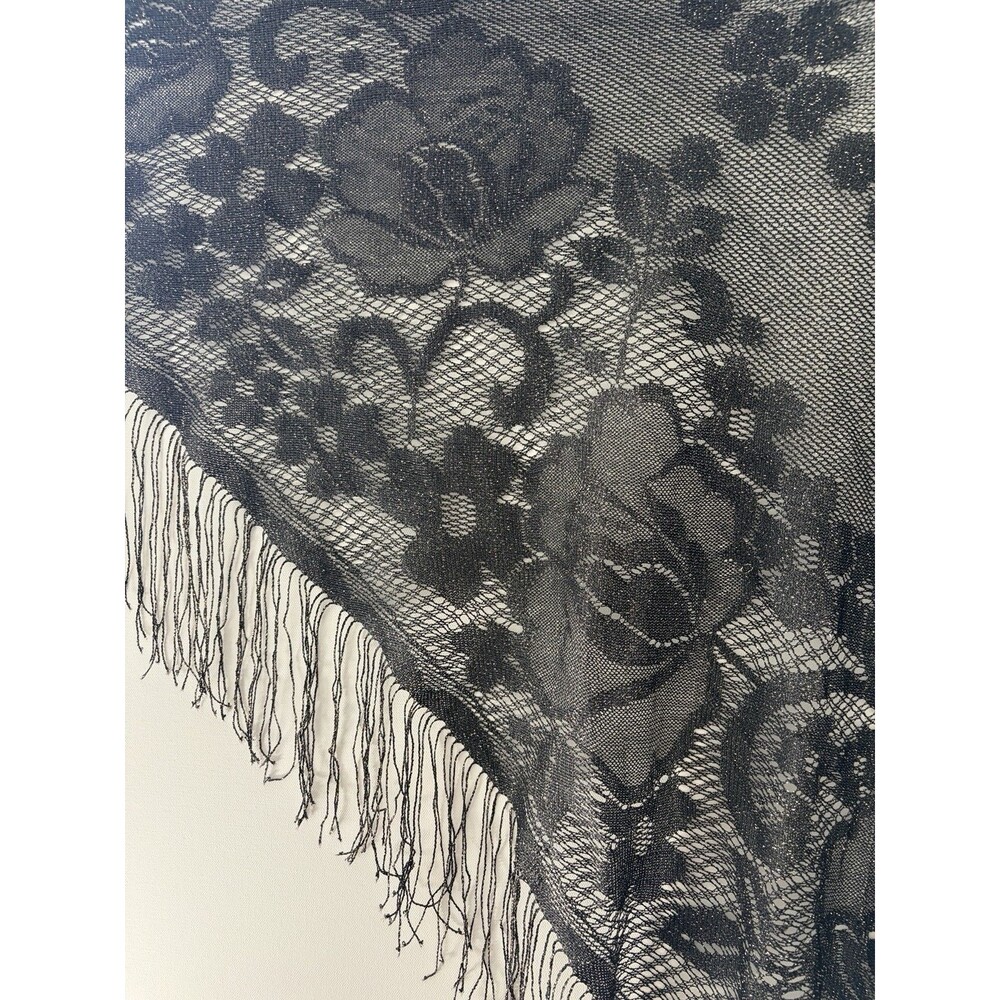 Vintage Ben Goodman Black Gold Metallic Lace Fringe Triangle Shawl Wrap FLAW - Picture 8 of 8